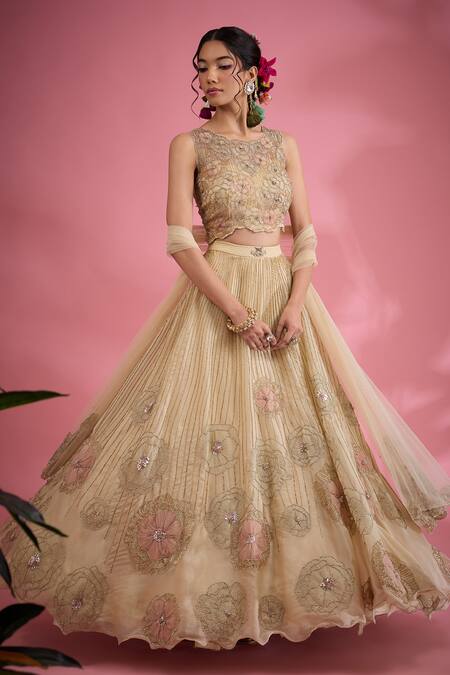 Show Shaa_Beige Net, Satin, Organza Embroidery, Cut Work Round Neck Flower Lehenga Set _Online_at_Aza_Fashions
