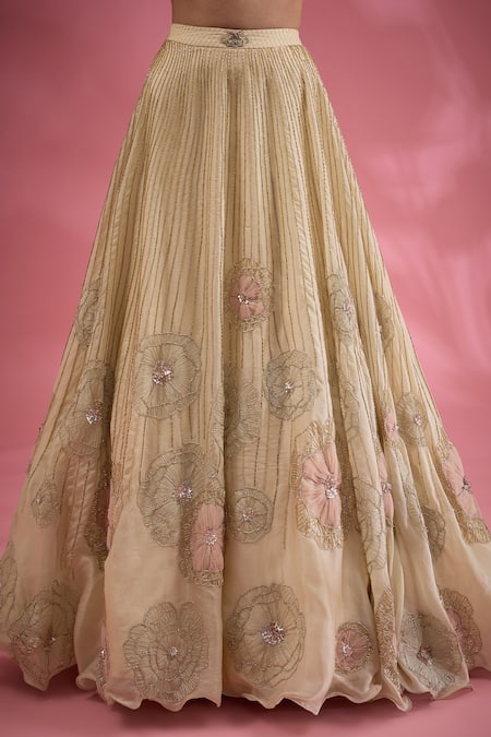 Buy_Show Shaa_Beige Net, Satin, Organza Embroidery, Cut Work Round Neck Flower Lehenga Set _Online_at_Aza_Fashions