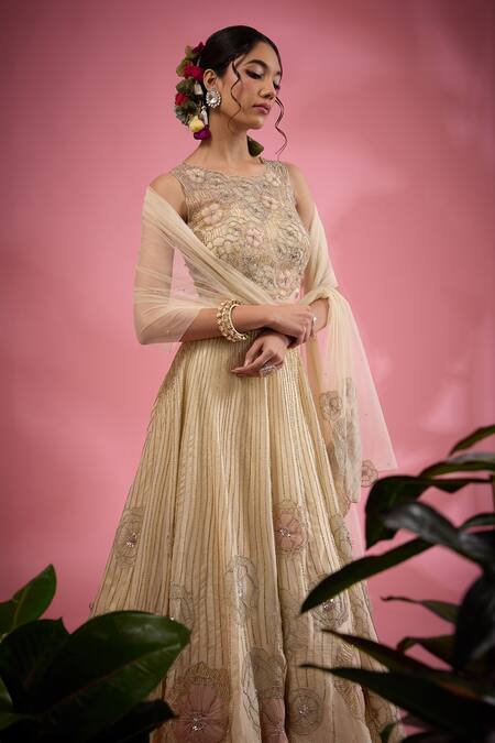 Shop_Show Shaa_Beige Net, Satin, Organza Embroidery, Cut Work Round Neck Flower Lehenga Set _Online_at_Aza_Fashions