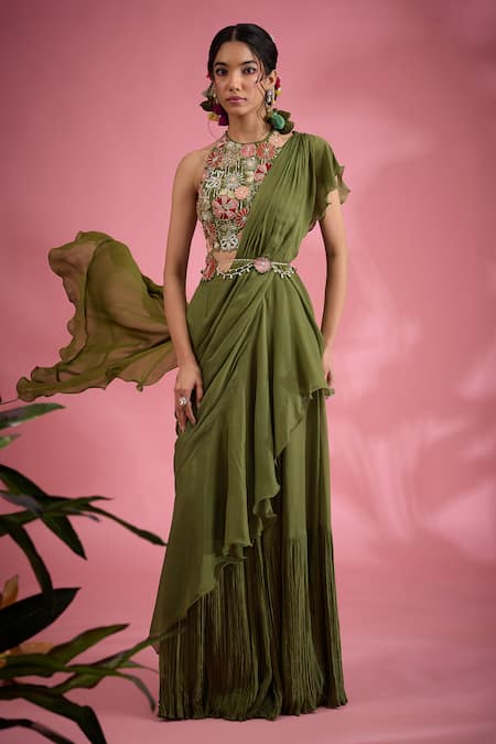 Show Shaa Floral Embroidered Pre-Draped Saree & Belt Set 