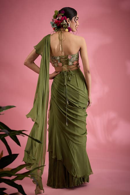 Show Shaa Floral Embroidered Pre-Draped Saree & Belt Set