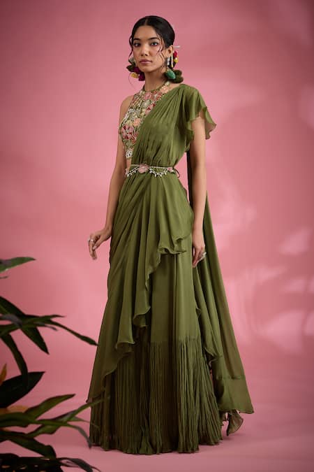 Show Shaa_Green Chanderi, Chiffon, Crepe Embroidery, Floral Pre-draped Saree And Belt Set _Online_at_Aza_Fashions