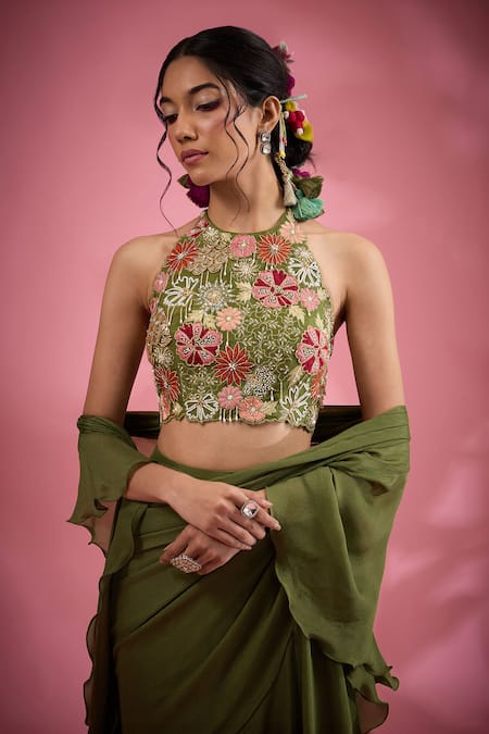 Buy_Show Shaa_Green Chanderi, Chiffon, Crepe Embroidery, Floral Pre-draped Saree And Belt Set _Online_at_Aza_Fashions