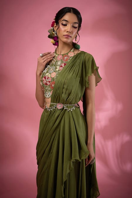 Shop_Show Shaa_Green Chanderi, Chiffon, Crepe Embroidery, Floral Pre-draped Saree And Belt Set _Online_at_Aza_Fashions
