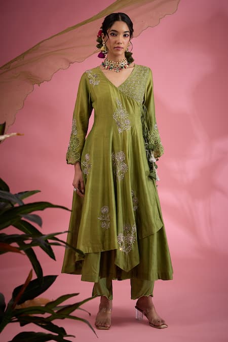Show Shaa_Green Chanderi, Viscose Embroidery, Cut Work Floral Hand Angarkha Pant Set _Online_at_Aza_Fashions