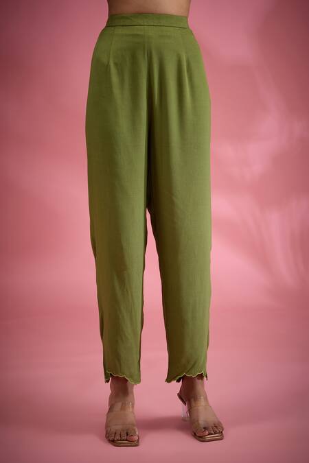 Buy_Show Shaa_Green Chanderi, Viscose Embroidery, Cut Work Floral Hand Angarkha Pant Set _Online_at_Aza_Fashions