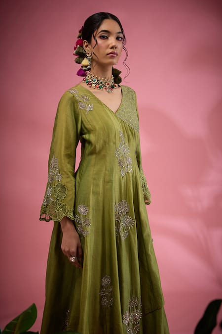 Shop_Show Shaa_Green Chanderi, Viscose Embroidery, Cut Work Floral Hand Angarkha Pant Set _Online_at_Aza_Fashions