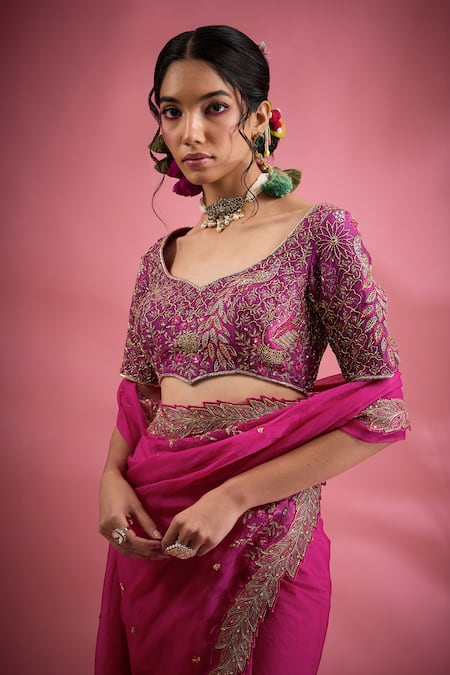 Show Shaa_Magenta Chanderi, Satin Sequins, Embroidery Asymmetric Cutwork Saree Blouse _Online_at_Aza_Fashions