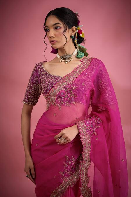 Shop_Show Shaa_Magenta Chanderi, Satin Sequins, Embroidery Asymmetric Cutwork Saree Blouse _Online_at_Aza_Fashions