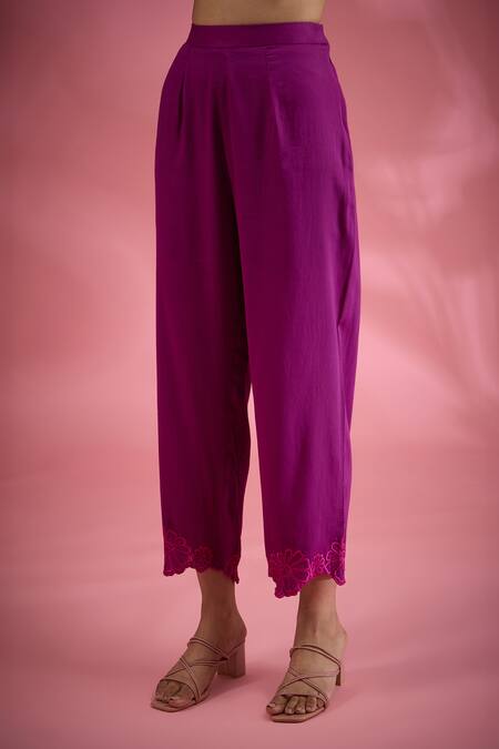 Buy_Show Shaa_Magenta Chanderi, Crepe, Cotton Embroidery V-neck Patch Kurta With Pant _Online_at_Aza_Fashions