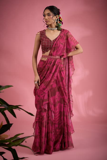 Show Shaa Pink Pre-draped Saree Chiffon Printed Half Scallop Leaf Flower And Belt Set 