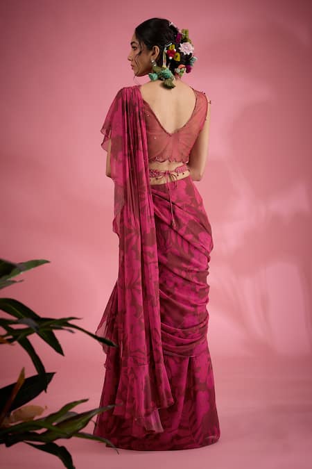Show Shaa Flower Print Pre-Draped Saree & Belt Set