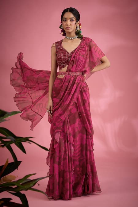 Show Shaa_Pink Chiffon, Crepe, Satin Ruffles, Flower Print Pre-draped Saree And Belt Set _Online_at_Aza_Fashions