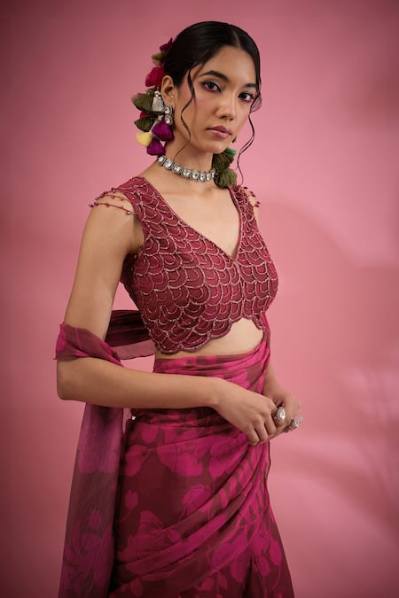 Buy_Show Shaa_Pink Chiffon, Crepe, Satin Ruffles, Flower Print Pre-draped Saree And Belt Set _Online_at_Aza_Fashions