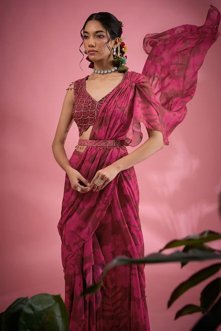 Shop_Show Shaa_Pink Chiffon, Crepe, Satin Ruffles, Flower Print Pre-draped Saree And Belt Set _Online_at_Aza_Fashions