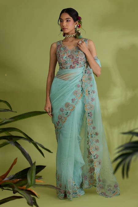 Show Shaa Blue Organza, Lycra, Linen Beads, Embroidery V-neck Floral Saree And Blouse Set Online at Aza Fashions Show Shaa_Blue Organza, Lycra, Linen Beads, Embroidery V-neck Floral Saree And Blouse Set _Online_at_Aza_Fashions