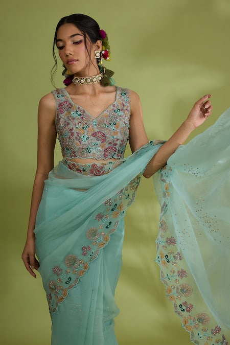 Shop Show Shaa Blue Organza, Lycra, Linen Beads, Embroidery V-neck Floral Saree And Blouse Set Online at Aza Fashions Shop_Show Shaa_Blue Organza, Lycra, Linen Beads, Embroidery V-neck Floral Saree And Blouse Set _Online_at_Aza_Fashions
