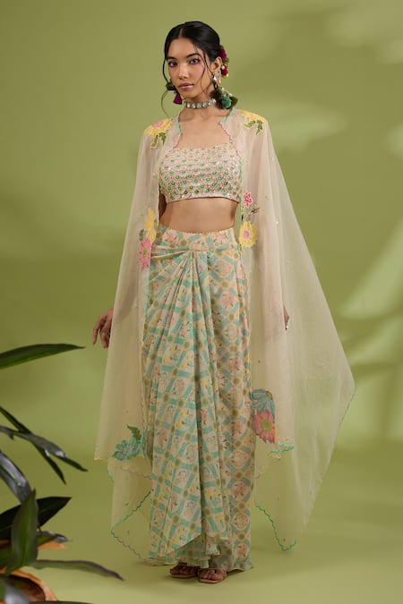 Show Shaa Half Sunflower Hand Embroidered Bustier & Draped Skirt Set 