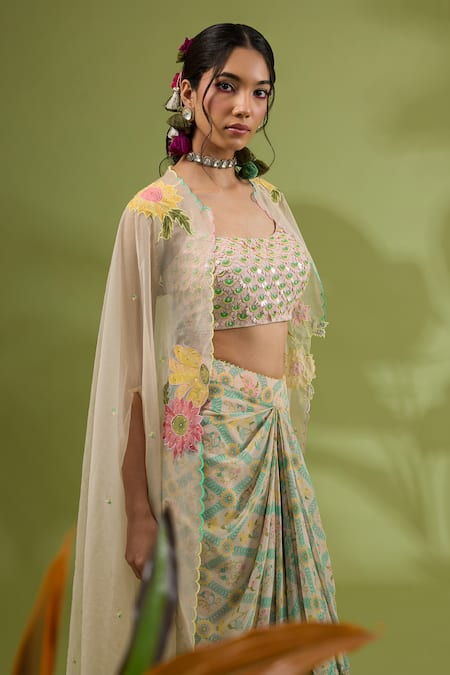 Shop Show Shaa Pink Satin, Organza, Crepe, Half Sunflower Hand Bustier And Draped Skirt Set Online at Aza Fashions Shop_Show Shaa_Pink Satin, Organza, Crepe, Half Sunflower Hand Bustier And Draped Skirt Set _Online_at_Aza_Fashions