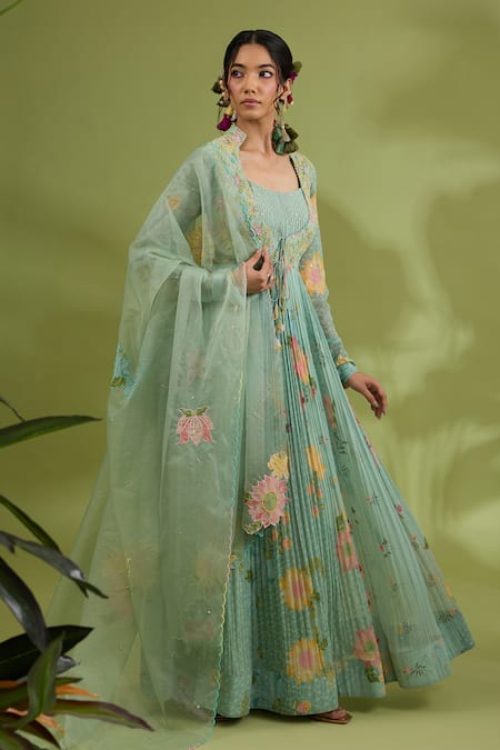 Show Shaa_Green Chiffon, Organza, Crepe Embroidery Flower Print Anarkali With Dupatta _Online_at_Aza_Fashions