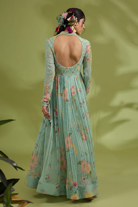 Buy_Show Shaa_Green Chiffon, Organza, Crepe Embroidery Flower Print Anarkali With Dupatta _Online_at_Aza_Fashions