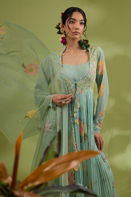 Shop_Show Shaa_Green Chiffon, Organza, Crepe Embroidery Flower Print Anarkali With Dupatta _Online_at_Aza_Fashions