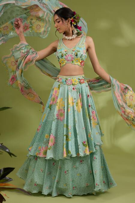 Show Shaa_Green Satin, Silk, Crepe Embroidery, Tassels Flower Print Tiered Lehenga Set _Online_at_Aza_Fashions
