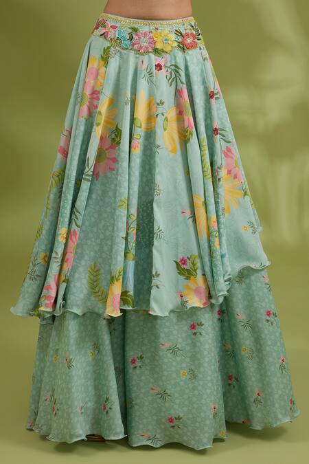 Buy_Show Shaa_Green Satin, Silk, Crepe Embroidery, Tassels Flower Print Tiered Lehenga Set _Online_at_Aza_Fashions