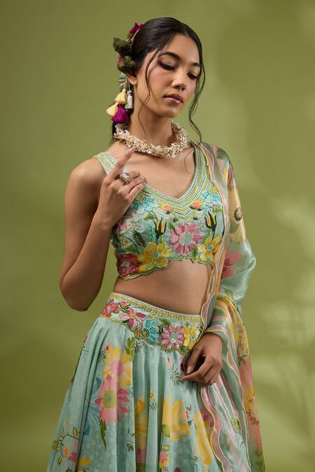 Shop_Show Shaa_Green Satin, Silk, Crepe Embroidery, Tassels Flower Print Tiered Lehenga Set _Online_at_Aza_Fashions