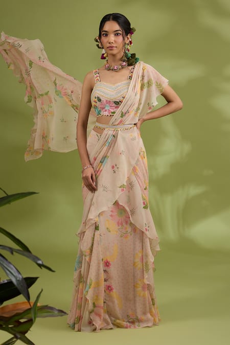 Show Shaa Flower Print Ruffle Pre-Draped Saree & Belt Set 