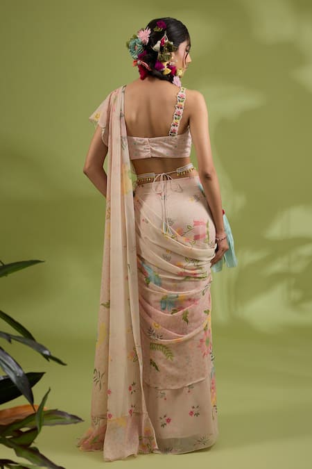 Show Shaa Flower Print Ruffle Pre-Draped Saree & Belt Set