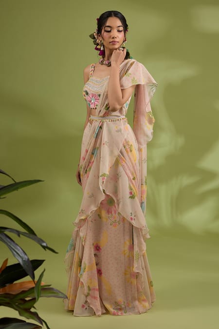 Show Shaa_Pink Satin, Chiffon, Crepe Flower Print Ruffle Pre-draped Saree And Belt Set _Online_at_Aza_Fashions