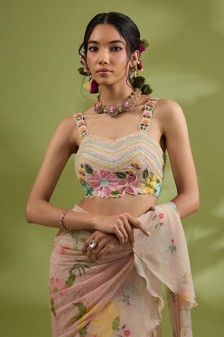 Buy_Show Shaa_Pink Satin, Chiffon, Crepe Flower Print Ruffle Pre-draped Saree And Belt Set _Online_at_Aza_Fashions