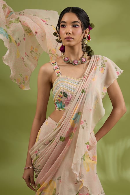 Shop_Show Shaa_Pink Satin, Chiffon, Crepe Flower Print Ruffle Pre-draped Saree And Belt Set _Online_at_Aza_Fashions