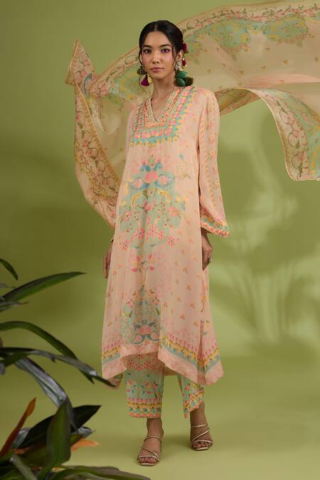 Show Shaa_Pink Satin, Crepe, Silk Sequins, Beads, Embroidery Flower Print Kurta Pant Set _Online_at_Aza_Fashions