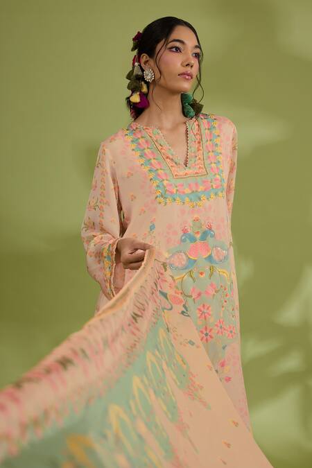 Buy_Show Shaa_Pink Satin, Crepe, Silk Sequins, Beads, Embroidery Flower Print Kurta Pant Set _Online_at_Aza_Fashions
