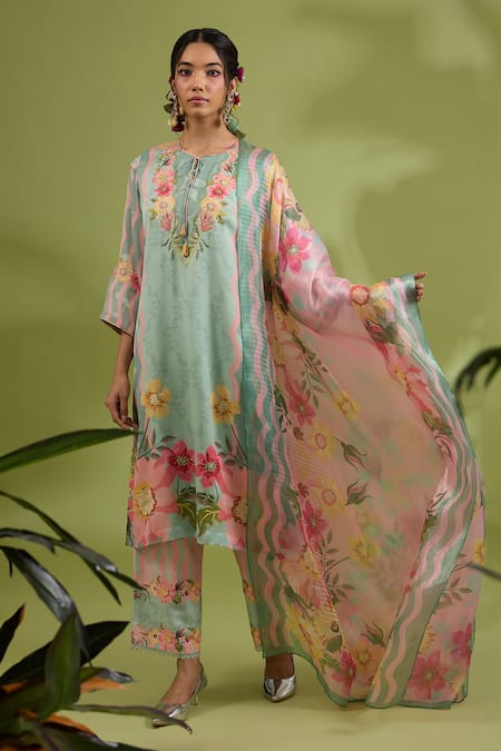 Show Shaa_Green Satin, Crepe, Silk Beads, Sequins, Lace Abstract Floral Print Kurta Set _Online_at_Aza_Fashions