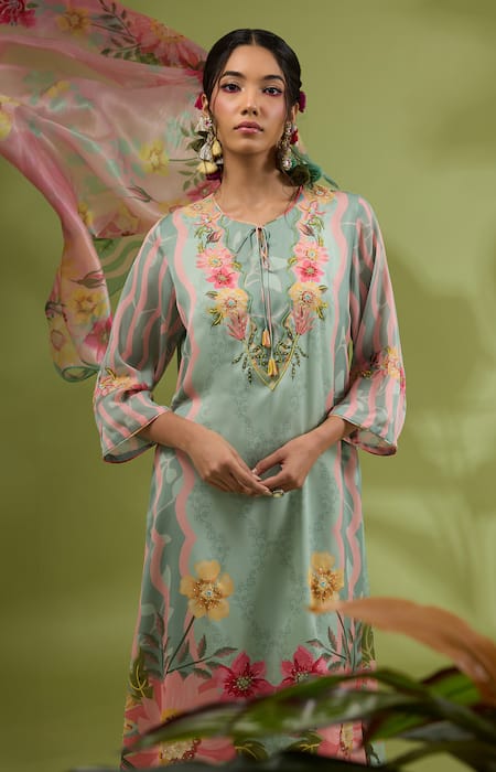 Shop_Show Shaa_Green Satin, Crepe, Silk Beads, Sequins, Lace Abstract Floral Print Kurta Set _Online_at_Aza_Fashions