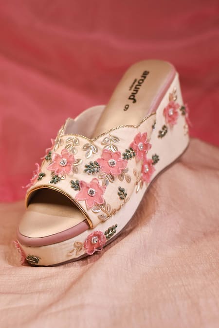 AROUND ALWAYS Beige Embellished Elena Floral Applique Wedges 