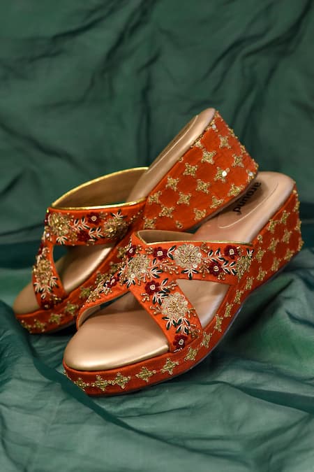 AROUND ALWAYS Kesari Floral Embroidered Wedges 