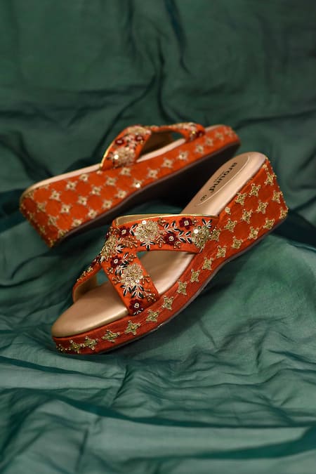 Shop Around Always Orange Embroidery, Sequins, Beads Kesari Floral Wedges at Aza Fashions Shop_Around Always_Orange Embroidery, Sequins, Beads Kesari Floral Wedges _at_Aza_Fashions