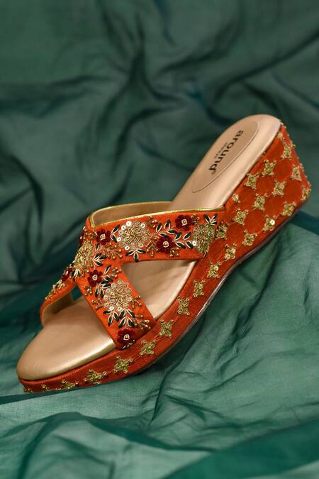 Around Always Orange Embroidery, Sequins, Beads Kesari Floral Wedges Online at Aza Fashions Around Always_Orange Embroidery, Sequins, Beads Kesari Floral Wedges _Online_at_Aza_Fashions