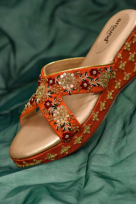 Buy Around Always Orange Embroidery, Sequins, Beads Kesari Floral Wedges Online at Aza Fashions Buy_Around Always_Orange Embroidery, Sequins, Beads Kesari Floral Wedges _Online_at_Aza_Fashions