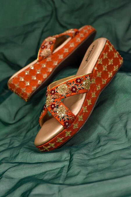 Shop Around Always Orange Embroidery, Sequins, Beads Kesari Floral Wedges Online at Aza Fashions Shop_Around Always_Orange Embroidery, Sequins, Beads Kesari Floral Wedges _Online_at_Aza_Fashions