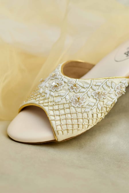 Around Always_Ivory Kiara Pearl Embellished Flats _Online_at_Aza_Fashions