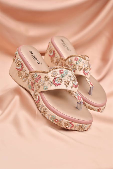 AROUND ALWAYS Beige Embroidered Mahika Floral Kolhapuri Wedges 