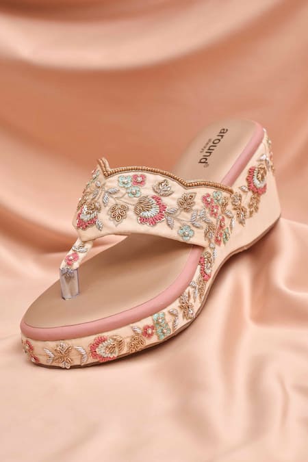 Shop Around Always Beige Mahika Floral Embroidered Kolhapuri Wedges at Aza Fashions Shop_Around Always_Beige Mahika Floral Embroidered Kolhapuri Wedges _at_Aza_Fashions
