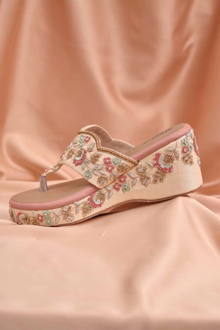 Around Always Beige Mahika Floral Embroidered Kolhapuri Wedges Online at Aza Fashions Around Always_Beige Mahika Floral Embroidered Kolhapuri Wedges _Online_at_Aza_Fashions