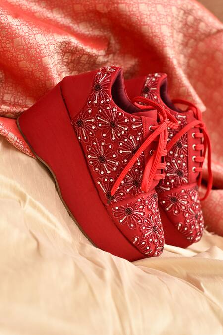 Shop Around Always Red Moonflower Bead Embroidered Sneaker Wedges at Aza Fashions Shop_Around Always_Red Moonflower Bead Embroidered Sneaker Wedges_at_Aza_Fashions