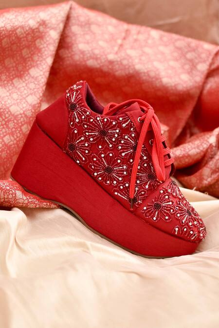 Around Always Red Moonflower Bead Embroidered Sneaker Wedges Online at Aza Fashions Around Always_Red Moonflower Bead Embroidered Sneaker Wedges_Online_at_Aza_Fashions